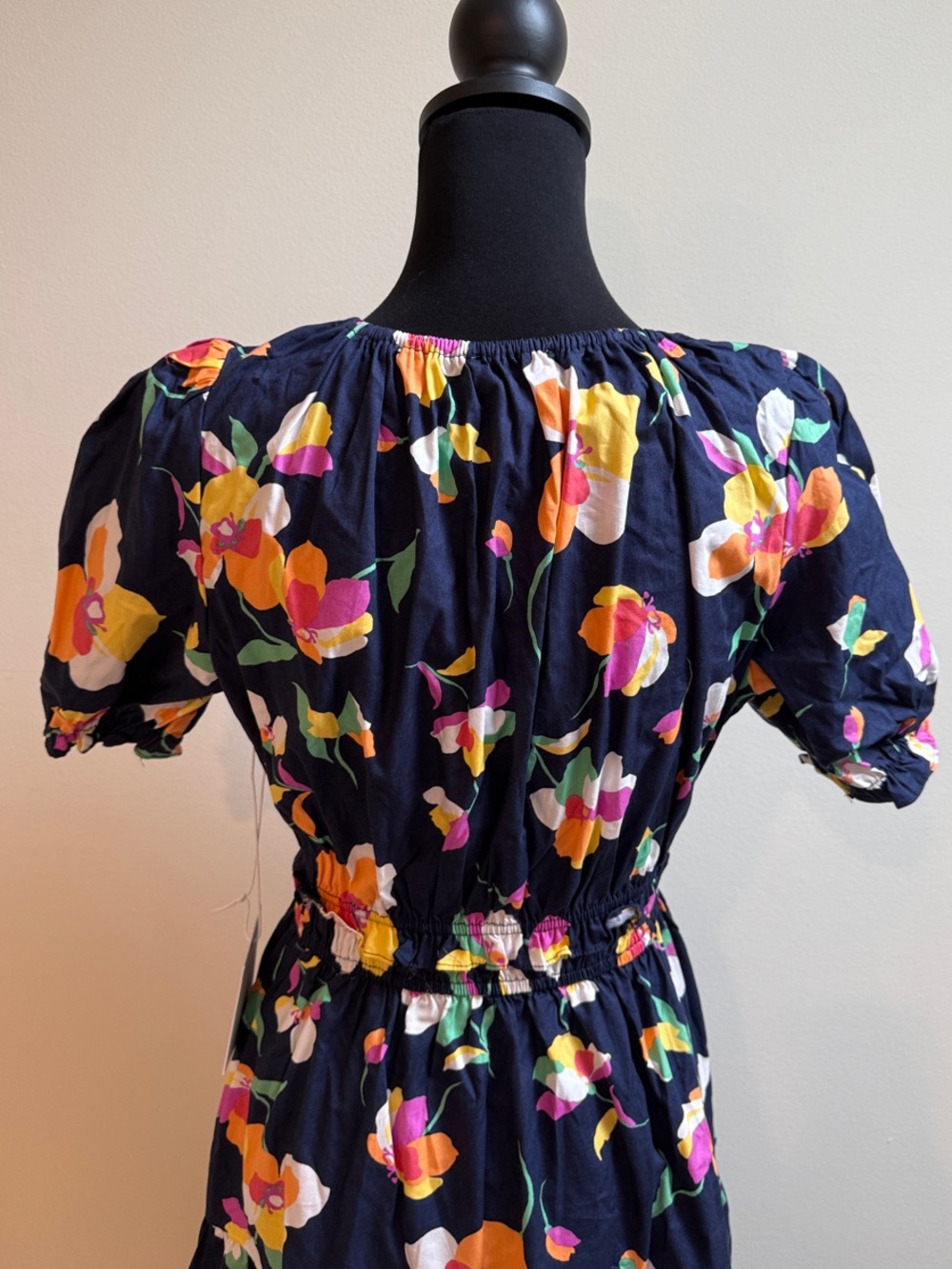 Meet Me in Santorini Navy Floral Puff-Sleeve Maxi Dress with Cinched Waist - Picture 3 of 6
